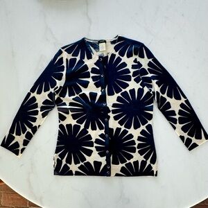 Floral Patterned Cardigan - Navy Blue and Cream